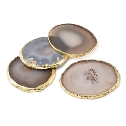 Blueshyhall Natural Agate Coasters Bar Beer Coffee Tea Coaster,White Agate Slices Cup Mat with Gold Plated Edge for Home Decor （Set of 4）