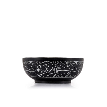 Kaizen Casa Hand Carved Natural Stone Smudge Bowl, White Leaf Design | Size 5' x 2' Black Ritual Bowl Display Jewelry Dish Kitchen Table Decor Gift