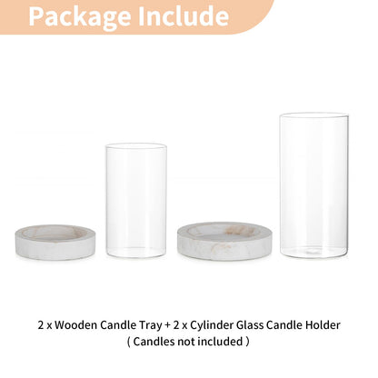 NUPTIO Hurricane Candle Holder for Wedding: Glass Cylinder Vase with Distressed White Wood Plate - Set of 2 Tall Pillar Candles Holder for Christmas Thanksgiving Holiday Decoration