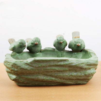 Ceramic Succulent Pot, Handmade Animals Bird Succulent Planter/Plant Pot/Flower Pot/Bonsai Pot for Herb, Succulent,Cactus Container Large-Caliber for Home Decor (Four Birds)