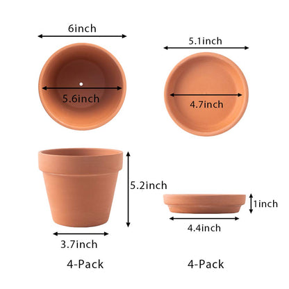 Yishang Large Terra Cotta Pots with Saucer- 4 Pack Large 6'' Terra Cotta Plant Pot with Drainage Hole, Flower Pot with Tray, Terracotta Pot for Indoor Outdoor Plant