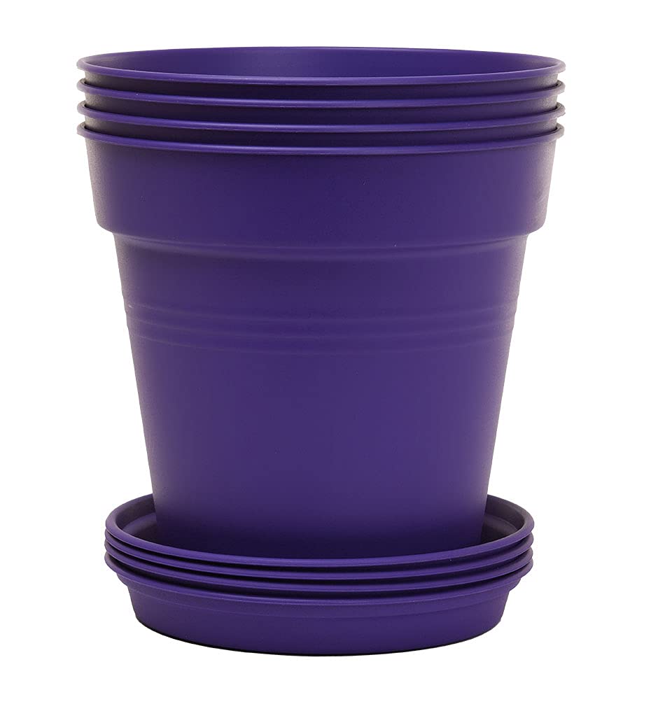 Mintra Garden Pots, 4 Pack Bulk Plastic Plant Pots with Drainage Tray, Round Indoor & Outdoor Decorative Planters with Drain Holes for Flowers, Herbs & Plants, 19cm Diameter – Purple, 7.5 in