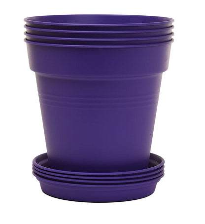 Mintra Garden Pots, 4 Pack Bulk Plastic Plant Pots with Drainage Tray, Round Indoor & Outdoor Decorative Planters with Drain Holes for Flowers, Herbs & Plants, 19cm Diameter – Purple, 7.5 in