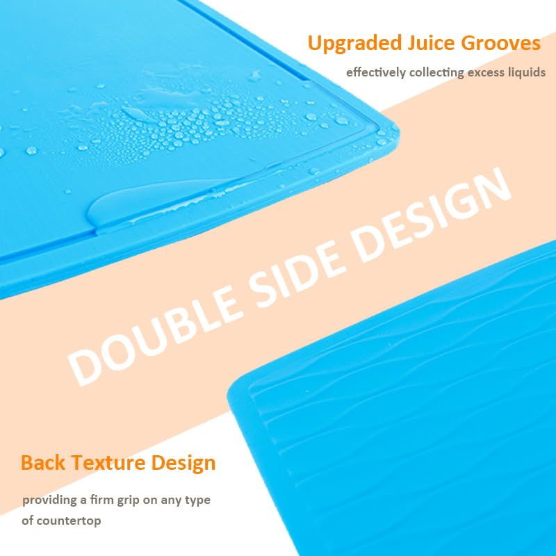 Liflicon Silicone Thick Cutting Boards Mats Set of 3pcs Foldable & Flexible Design Juice Grooves Easy Grip Handle Dishwasher Safe for Kitchen,BPA free Chif-Blue