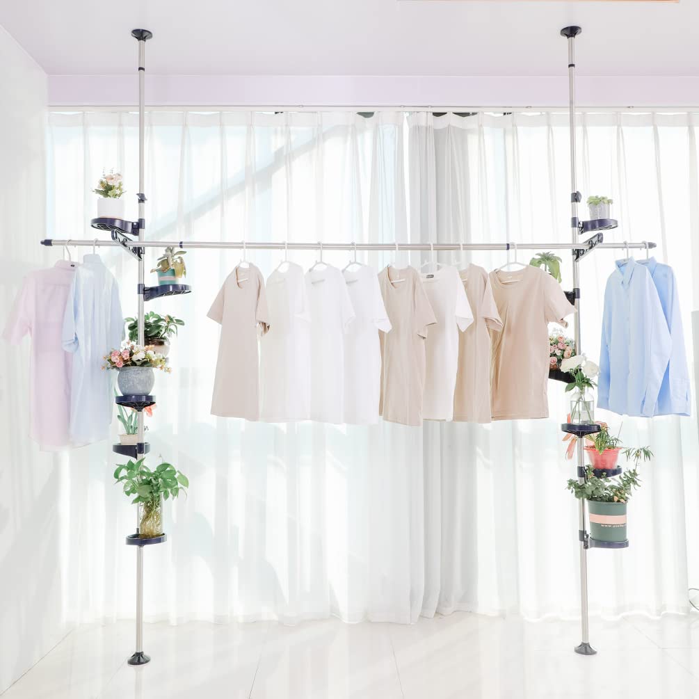 BAOYOUNI Indoor Tension Plant Pole Stands Double Rods Flower Pots Storage Shelf Floor to Ceiling Display Rack Hanger with 12 Trays, 2 Hooks & 1 Telescopic Rod for Clothes Drying, Navy Blue