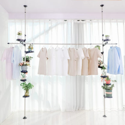 BAOYOUNI Indoor Tension Plant Pole Stands Double Rods Flower Pots Storage Shelf Floor to Ceiling Display Rack Hanger with 12 Trays, 2 Hooks & 1 Telescopic Rod for Clothes Drying, Navy Blue
