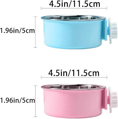 Crate Dog Bowl,Removable Stainless Steel Water Food Feeder Bowls Crate Coop Cup,Pet Cage Bowls with Bolt Holder for Cat, Puppy, Birds, Rats, Rabbits Small Animals ((Blue+Pink) Round, Samll)
