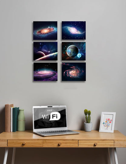 Universe Starry Sky Wall Art Canvas Decoration Painting，for Bedroom, Lvingroom, Bathroom Decor ，Posters for Kids, Boys or Girls Room ，Astronomy Picture Modern Artwork ，29x38cmx6pcs，Framed