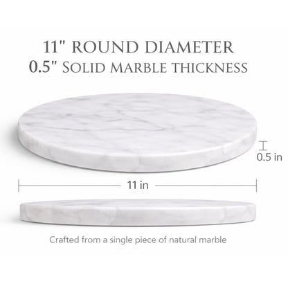 KC KULLICRAFT 11-Inch Round Marble Cheese Board – Solid White Natural Stone Cutting Board & Charcuterie Serving Tray with Non-Slip Feet, 0.5” Thick, Easy to Clean.