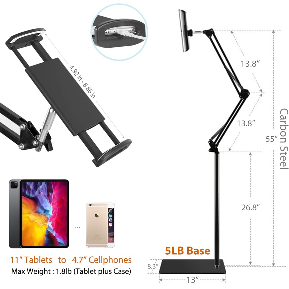 Tablet Floor Stand with 5LB Metal Base, Overhead Bed Phone Stand Angle Height Adjustable Holder, Universal Floor Stand Compatible with iPhone iPad Pro Air Mini, Samsung Tab, Kindle, E-Readers…