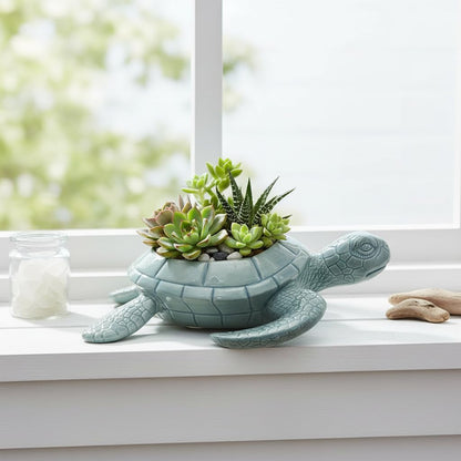Comfy Hour 9" Sea Turtle Figurine Style Succulent Planter, Decorative Animal Flower Pot for Cactus and Small Plants, Ocean Theme Home Decor Statue (Light Blue)