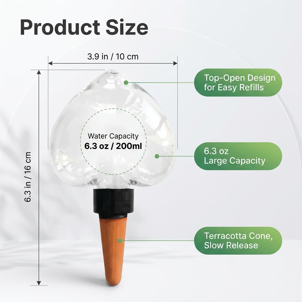 Kysren 2 Pcs Self Watering Globes for Indoor Plants - Top-Fill 6.3oz Heart Plant Watering Devices for Vacation, Clear Plastic Watering Bulbs with Terracotta Spikes