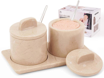 SPESHSTONES Marble Salt Cellar Beige 4 Inch Salt Jar with Lid, Table Salt Containers for Countertop, Salt Dish, Salt Holder, Spice Jars, Sugar Bowl, Seasoning Container Set of 2, Salt Dispenser
