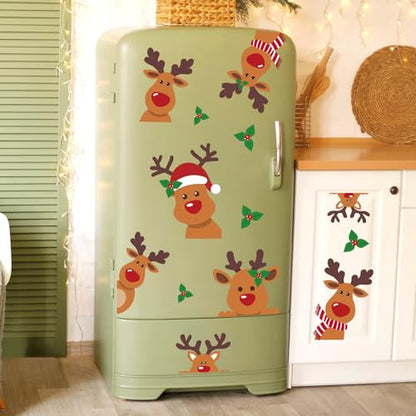 Christmas Wall Stickers Cute Reindeer Wall Decals Large Room Mural Stickers for Xmas Home Party Decor, 9.8 x 13.8 Inch, 4 Sheets