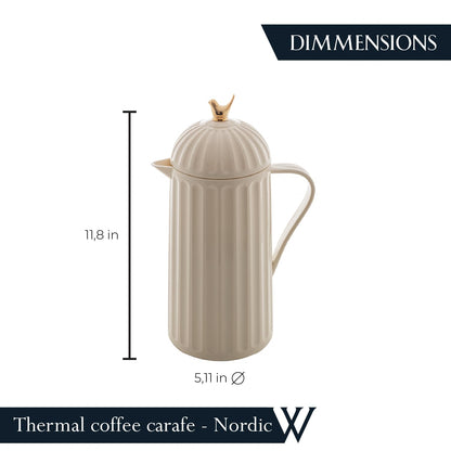WOLFF 1 Liter White Bird Thermal Coffee Carafe, Plastic Exterior with Glass Lining Insulated Beverage Dispenser for Hot and Cold Drinks, Thermos Bottle for Tea, Water Pitcher - White, 34floz/1L