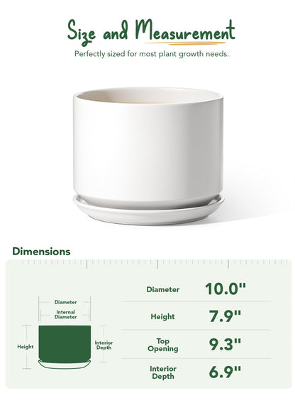 LE TAUCI Ceramic Pots for Plants, 10 Inch Plant Pot with Drainage Hole & Saucer, Sturdy & Modern Planters for Indoor Plants, Includes Mesh Screen, Fits Snake Plant & Monstera, White