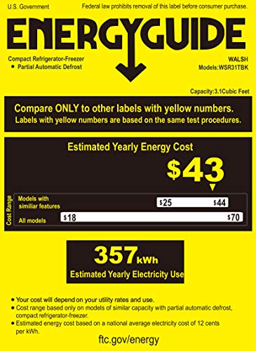 Walsh Compact Refrigerator, Dual Door Fridge, Adjustable Mechanical Thermostat with Freezer, Reversible Doors, 3.1 Cu.Ft, Black