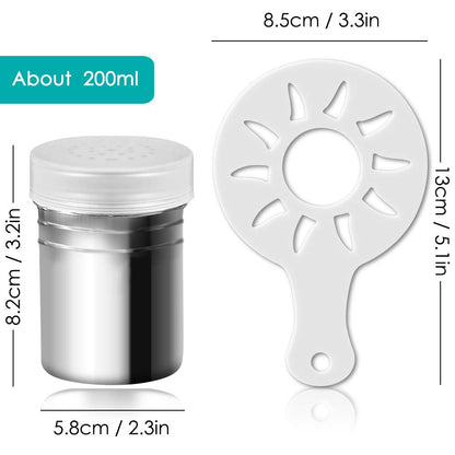 2 Pcs Stainless Steel Dredges and Powdered Shaker with 16 pcs Printing Molds Stencils, SENHAI Salt Pepper Coffee Cocoa Cinnamon Power Can with Hole or Fine-Mesh Lid for Kitchen Baking Cooking