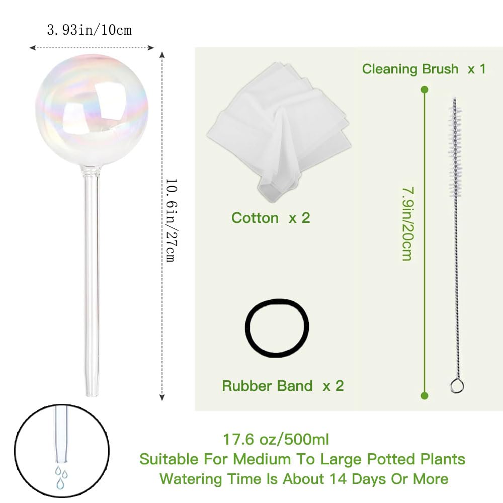 17 Oz 2 Weeks Glass Plant Watering Globes Large for Indoor Outdoor Potted Plants Self Watering Planter Insert Bulbs Water Plants While Away Vacation Devices (Iridescent Large 2-Pack)
