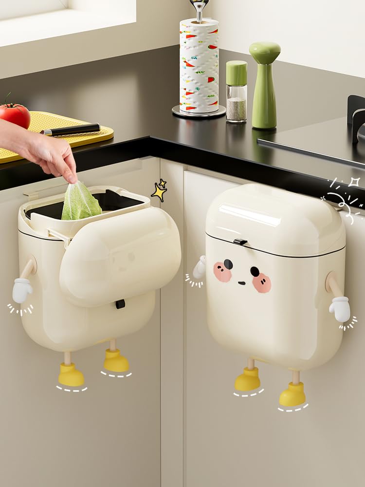 Reflygen 2.4 Gallon/9 Liter Kitchen Wall-Mounted Trash Can with Lid Ideal for Kitchens,Bathrooms, Offices,and Bedrooms Space-Saving and Decorative Waste Container(Cream White, DIY-Friendly)