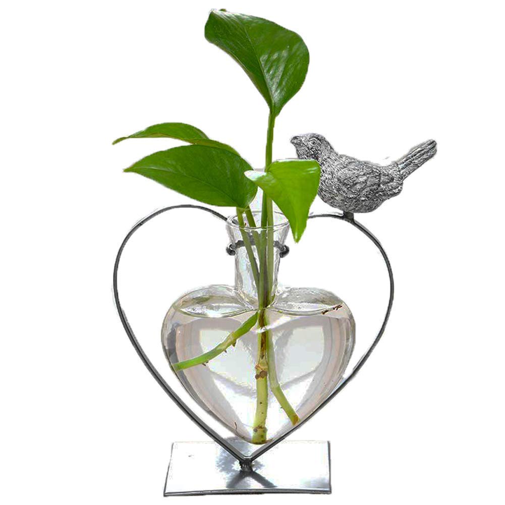 Marbrasse Desktop Glass Vase, Bulb Glass Vases for Holder, Creative Bird with Heart Planter Vase, Plant Terrarium Metal Stand for Modern Office Home Wedding Decorations