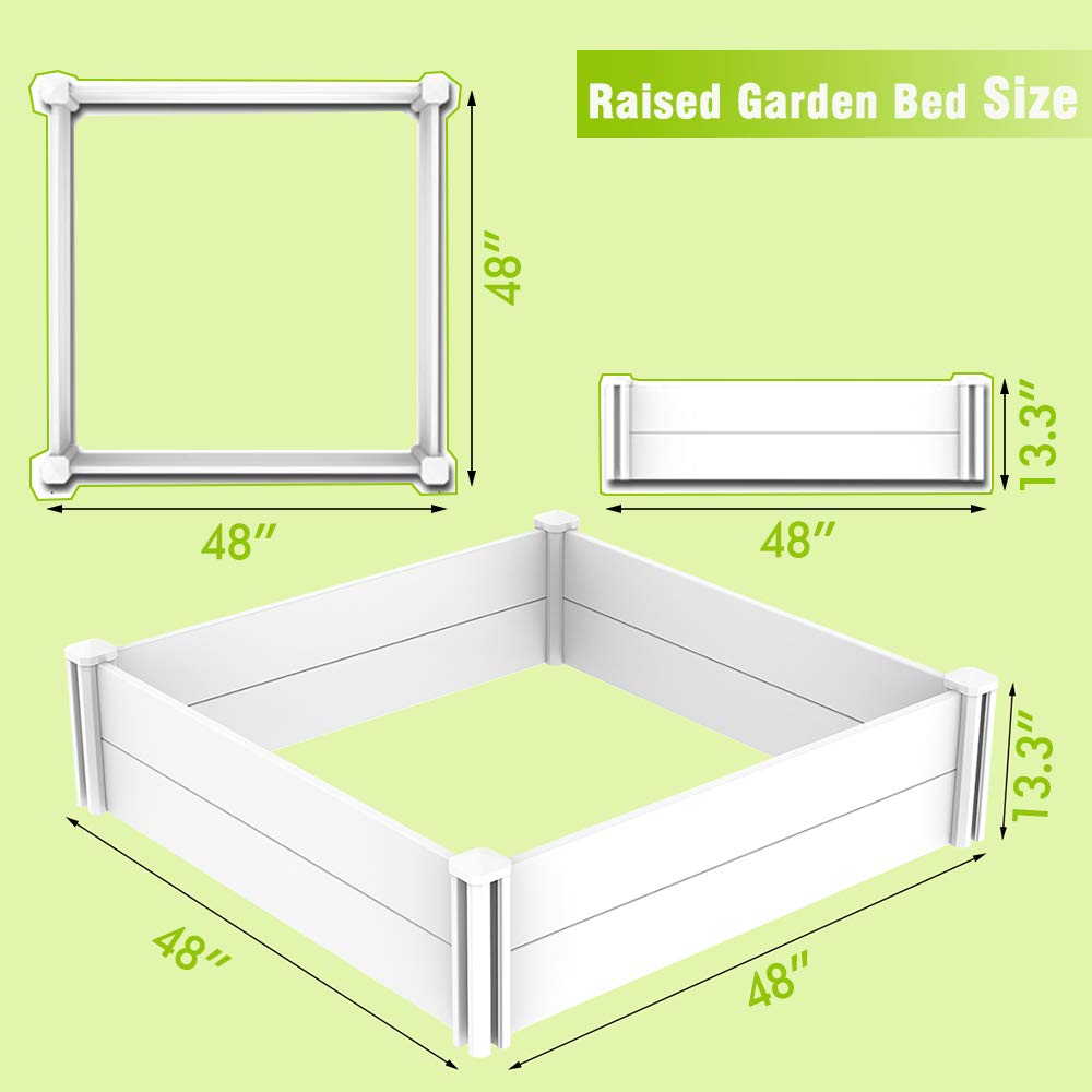 Kdgarden Raised Garden Bed Kit 4'x4' Outdoor Above Ground Planter Box for Growing Vegetables Flowers Herbs, DIY Gardening, Whelping Pen and More, Screwless White Vinyl Garden Bed with Grid