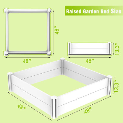 Kdgarden Raised Garden Bed Kit 4'x4' Outdoor Above Ground Planter Box for Growing Vegetables Flowers Herbs, DIY Gardening, Whelping Pen and More, Screwless White Vinyl Garden Bed with Grid