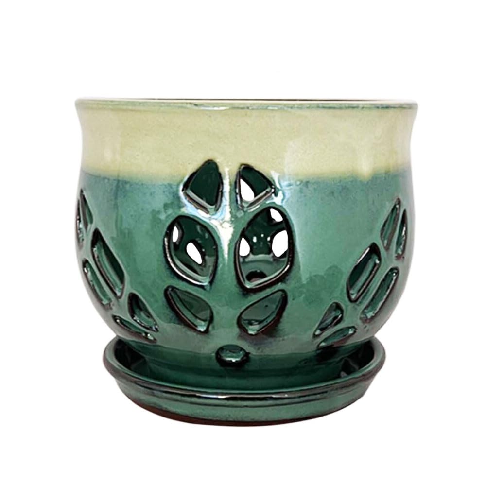 Fowargif 6.5inch Large Round Ceramic Orchid Pots with Holes, Flower Pot with Saucer for Indoor Plants Home Decorative, Round Planter,air Plant Pot