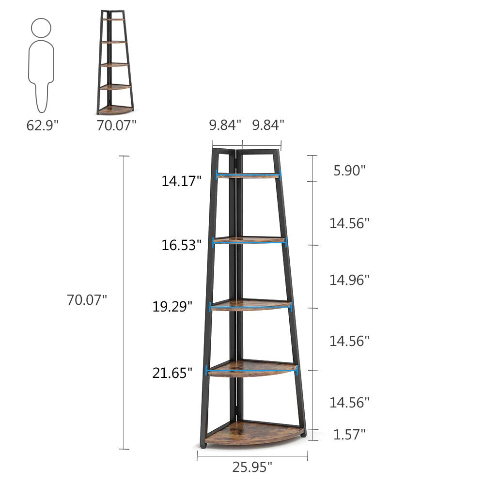 Tribesigns 70 inch Tall Corner Shelf, 5 Tier Rustic Corner Bookshelf Bookcase Industrial Corner Ladder Shelf Plant Stand for Living Room, Kitchen, Home Office (Brown)