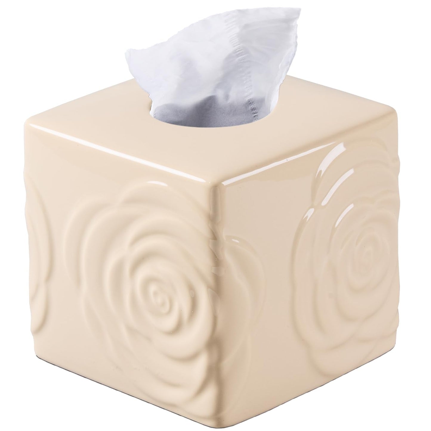 Beige Ceramic Cube Tissue Box Cover with Rose – Large Elegant Rose Floral Square Decorative Tissue Box Holder for Bathroom, Bedroom, Office Desk, Kitchen Counter – Perfect Housewarming Gift