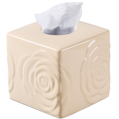 Beige Ceramic Cube Tissue Box Cover with Rose – Large Elegant Rose Floral Square Decorative Tissue Box Holder for Bathroom, Bedroom, Office Desk, Kitchen Counter – Perfect Housewarming Gift