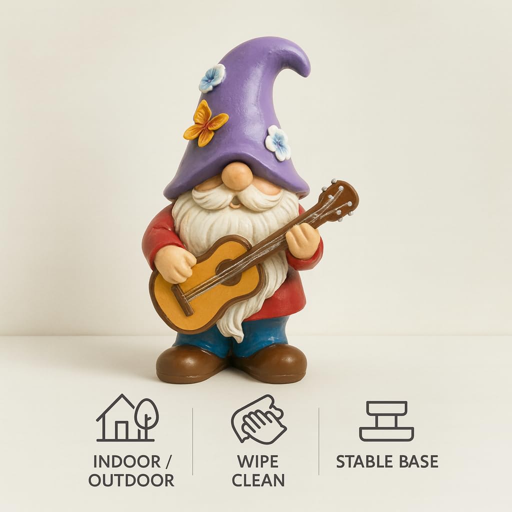 GoGnome Musical Gnome Figurine with Guitar – Handcrafted Resin Garden or Shelf Decoration, 6.2" Tall Whimsical Gnome Statue with Purple Hat, Flowers & Butterfly, Gift for Music Lovers (Purple)