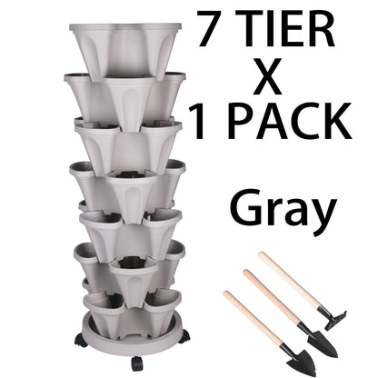 GameXcel Vertical Planter Tower- 7 Tier Stackable Garden Planter with Wheels and Tool Set – Grow Strawberries Herbs Flowers and Vegetables - Indoor Outdoor Use Gray