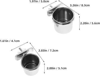 Abaodam 2pcs Stainless Steel Parrot Feeder Bowls with Clamp Holders, Cage Hanging Coop Cups 4.4cm and 5.5cm for Cockatiel Budgie Parakeet Bird Cage Feeding Supplies