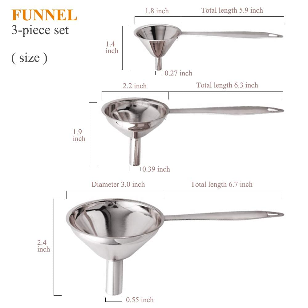 3 in 1 Metal Funnels for Filling Bottles Stainless Steel Small Kitchen Funnel Set for Transferring Essential Oils Liquid Fluid Spice Dry Ingredients Powder, Durable (‎Long-Handled Funnel)