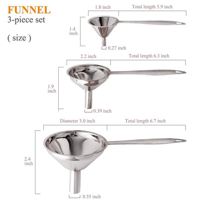 3 in 1 Metal Funnels for Filling Bottles Stainless Steel Small Kitchen Funnel Set for Transferring Essential Oils Liquid Fluid Spice Dry Ingredients Powder, Durable (‎Long-Handled Funnel)