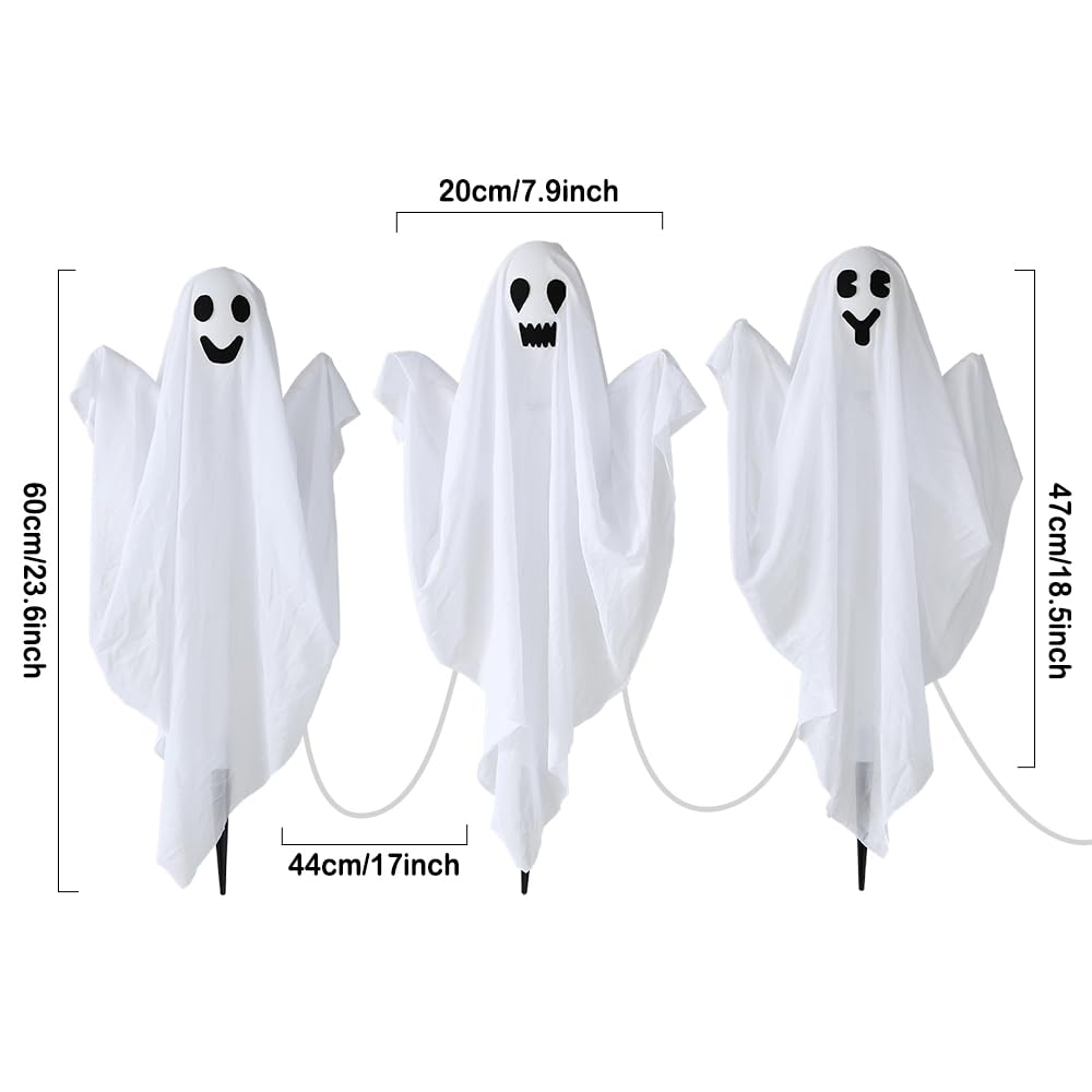 3 Pack Halloween Ghosts Decorations Outdoor,White Cloth Ghosts Stakes with Incandescent Light, Holiday Party Home Haunted House Yard Art, Front Yard Patio Lawn Garden Decor