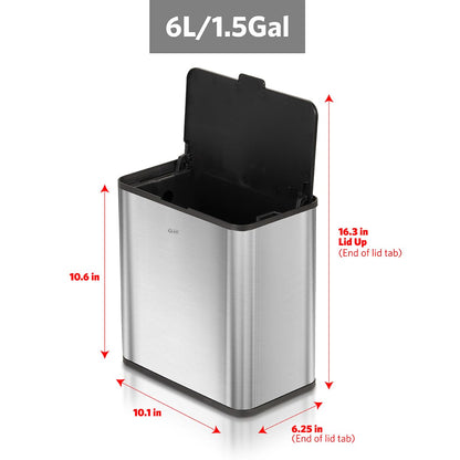 Glad Roomate Stainless Steel Under Counter Waste Bin with Clorox Odor Protection | Space Saving Dual Lid Small Trash Can for Kitchen Cabinet, Bathroom or Office, 1.5 Gallon (6L)