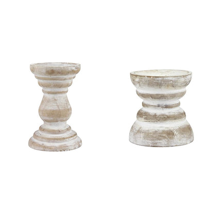 Stonebriar Antique White Wooden Pillar Candle Holders, Vintage Seaside Stand for Table Top, Medium and Small
