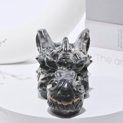 Bmuafry 6''Natural Dragon Head Crystal Skull Head Hand Carved Reiki Healing Stone Statue Healing Home Office Art Room Decoration (Picasso Stone, 6inch)