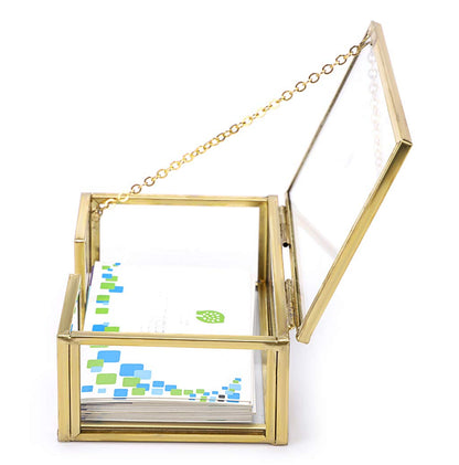 Hipiwe Glass Business Card Holder Box with Lid - Desktop Name Card Display Box Organizer Gold Metal Business card Container Box for Office Countertop