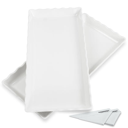 KAQAHIDO 17" x 8" x 1.5" White Serving Tray Set, Wave Edge Melamine Platters for Cookie, Appetizer, Charcuterie, Snack, Dessert, Party Food Display, Stackable, Set of 2