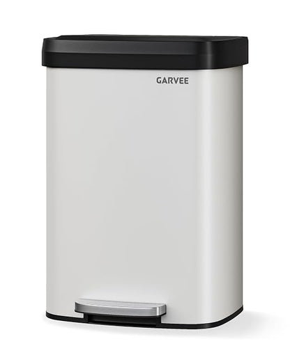 Garvee 13 gal / 50 L Metal Trash Can with Lid, Large Garbage Can for Kitchen, Rustproof Step-on Kitchen Metal Trash Bin with Liner Rim, Rear Handle, Soft Close Plastic Lid, White
