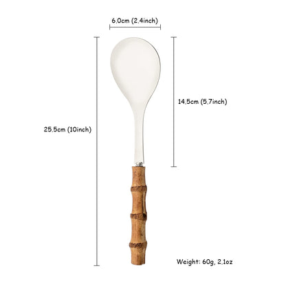 Natural Bamboo Handle Serving Spoons Set of 6, Large Size Stainless Steel Dinner Buffet Catering Banquet Serving Spoons, 10.0" Silver Big Ladle Tablespoons for Home, Family Serving Utensils