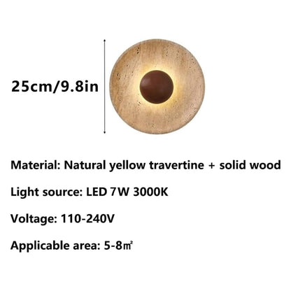 WFZRXFC Wall Sconce American Retro Minimalism Wall Light Round Yellow Travertine Interior Wall Lamp 7W LED Warm Light 3000K travertine sconce Wooden Decoration Living Room Wall Lighting