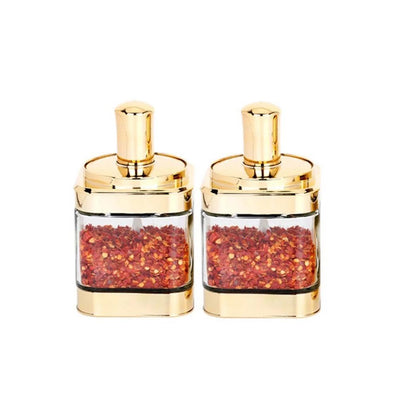 Magnitt Glass Condiment Spice Jars, 2PC Container with Lids and Spoons, Sugar Bowls Seasoning Box Set, Best Spice jar for Your Home, Kitchen, Counter (Gold(11oz/320 ml))