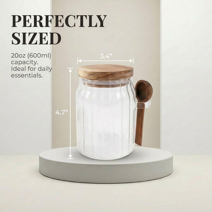FUYIHGL® 3PCS Glass Storage Jars with Wooden Lids & Spoons – 20oz Airtight Canister Set with DIY Blank Labels – Decorative Small Containers for Coffee Bar, Bath Salts, Sugar, Spice & Overnight Oats