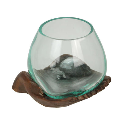 Blown Molten Glass and Carved Wood Hands Decorative Bowls, Vases, and Terrariums, 6 Inches High