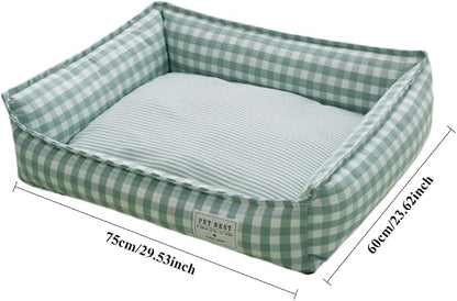 Orthopedic Rectangle Dog Bed for Medium Small Dogs, Plaid Plush Modern Puppy Sofa Bed with Anti-Slip Bottom, Cute Calming Pet Bed(Green,X-Large)
