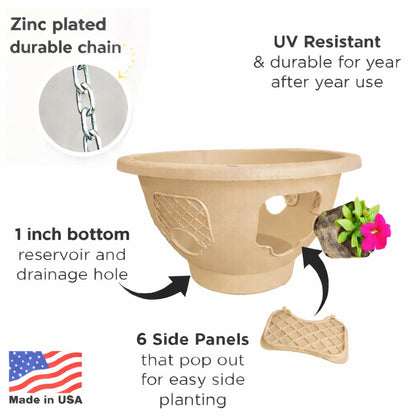 smart spring Ultimate Hanging Basket Strawberry & Flower Planter – 6 Side Planting Spaces, Drainage Hole, 1” Water Reservoir, Zinc-Plated Chain Included, Made in the USA (Desert Sand)